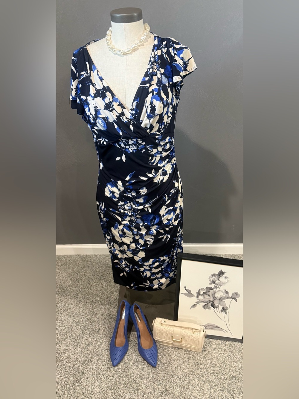 Lauren Ralph Lauren Navy and White Floral Wrap-Style Midi Dress